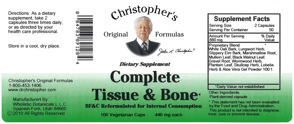 Product packaging showing label for Complete Tissue & Bone Formula