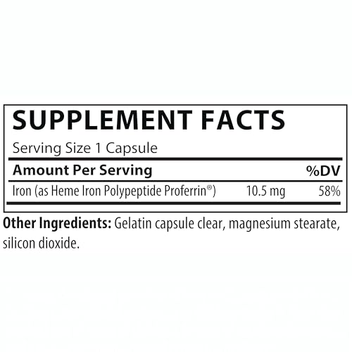 Close-up of Proferrin Clear capsule showing 10.5 mg iron as heme iron polypeptide