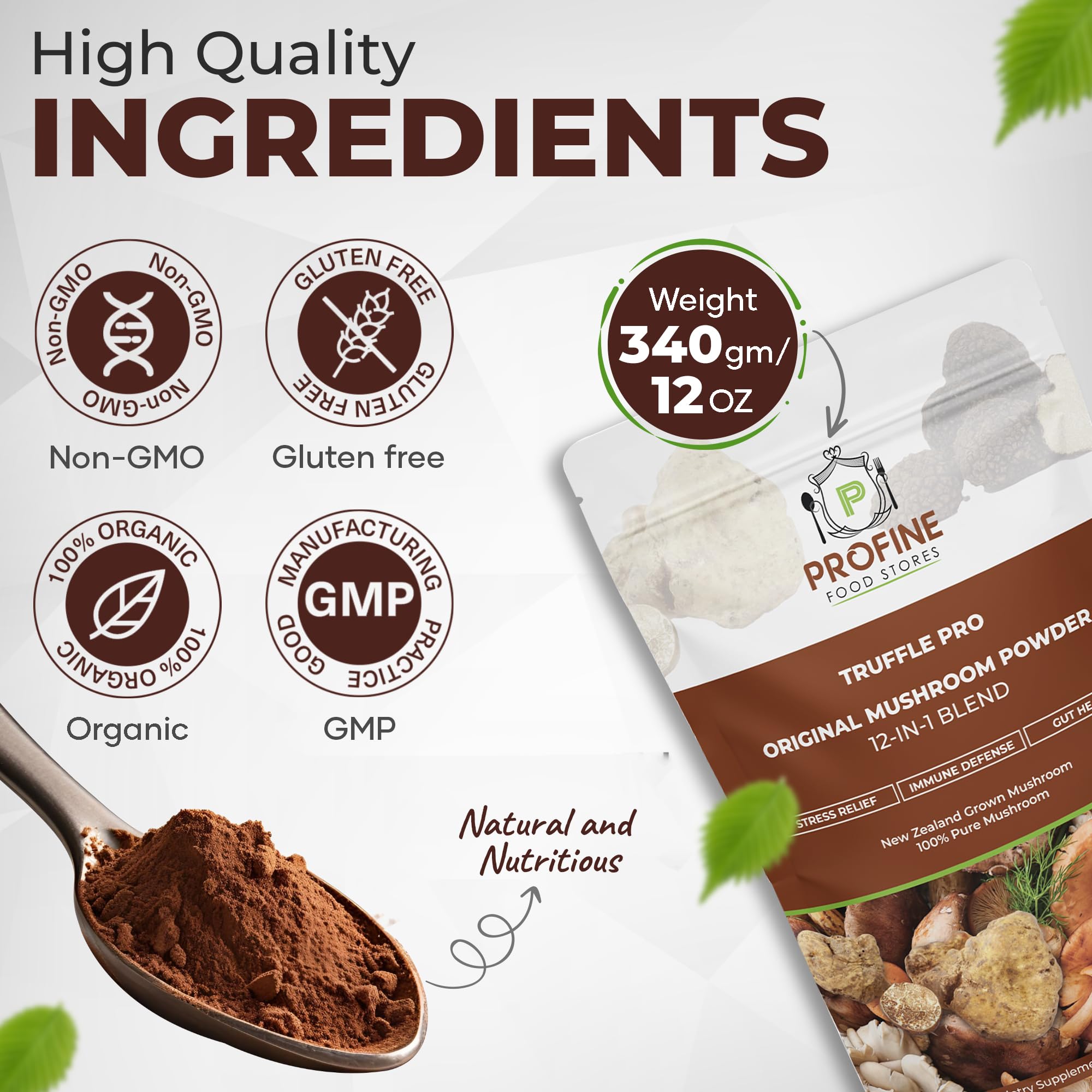 Illustration of the 12-mushroom blend including Black and White Truffles