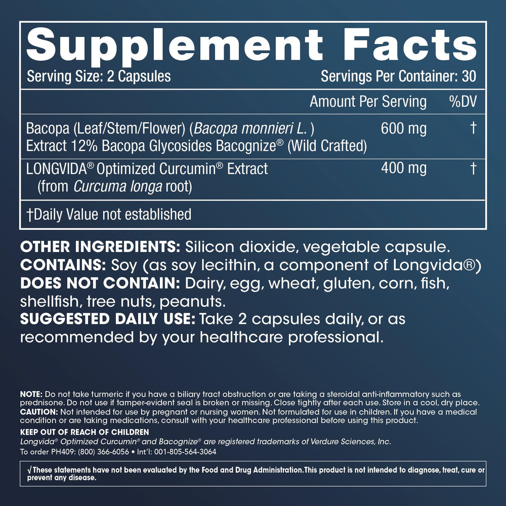 Close-up of Longvida Curcumin extract and BaCognize Bacopa Monnieri ingredients