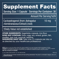 Close-up of Cycloastragenol capsules showing 10 mg serving size
