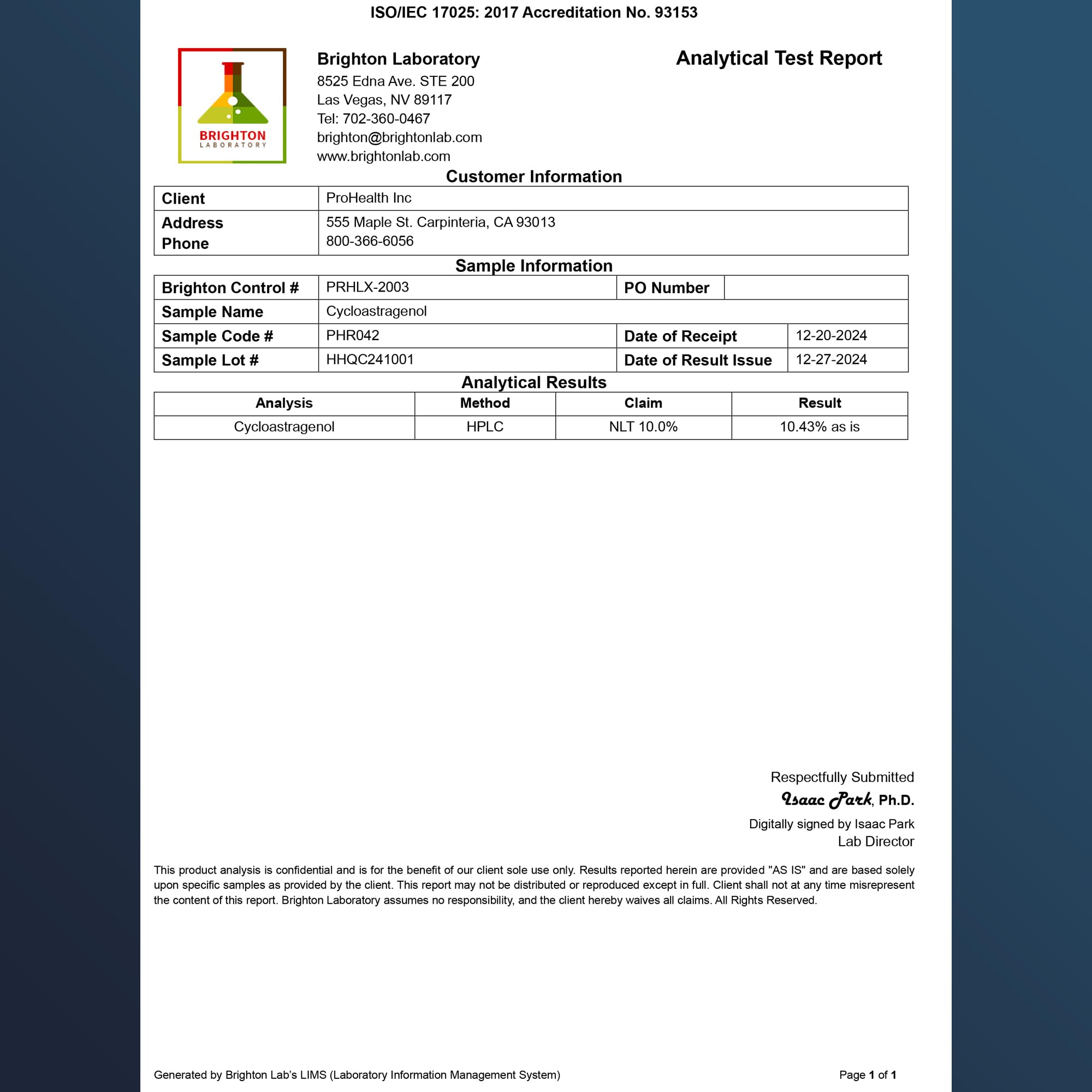 Certificate of Analysis for ProHealth Cycloastragenol third-party testing