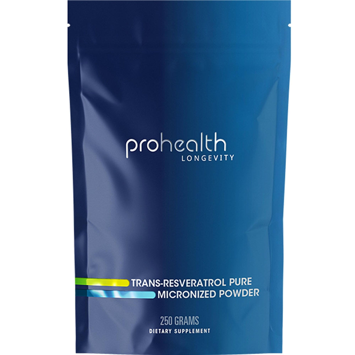Front view of ProHealth Longevity Trans-Resveratrol Powder 250g packaging