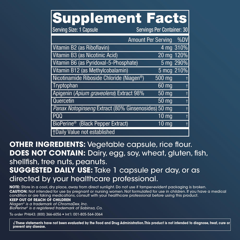 Illustration of Niagen NR, apigenin, quercetin and PQQ ingredients