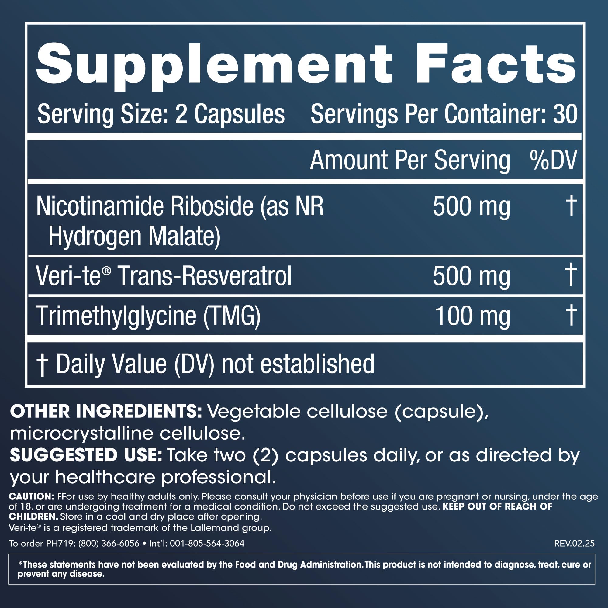 Close-up of NR Hydrogen Malate, TMG, and Trans-Resveratrol ingredients