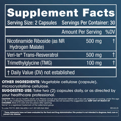 Close-up of NR Hydrogen Malate, TMG, and Trans-Resveratrol ingredients