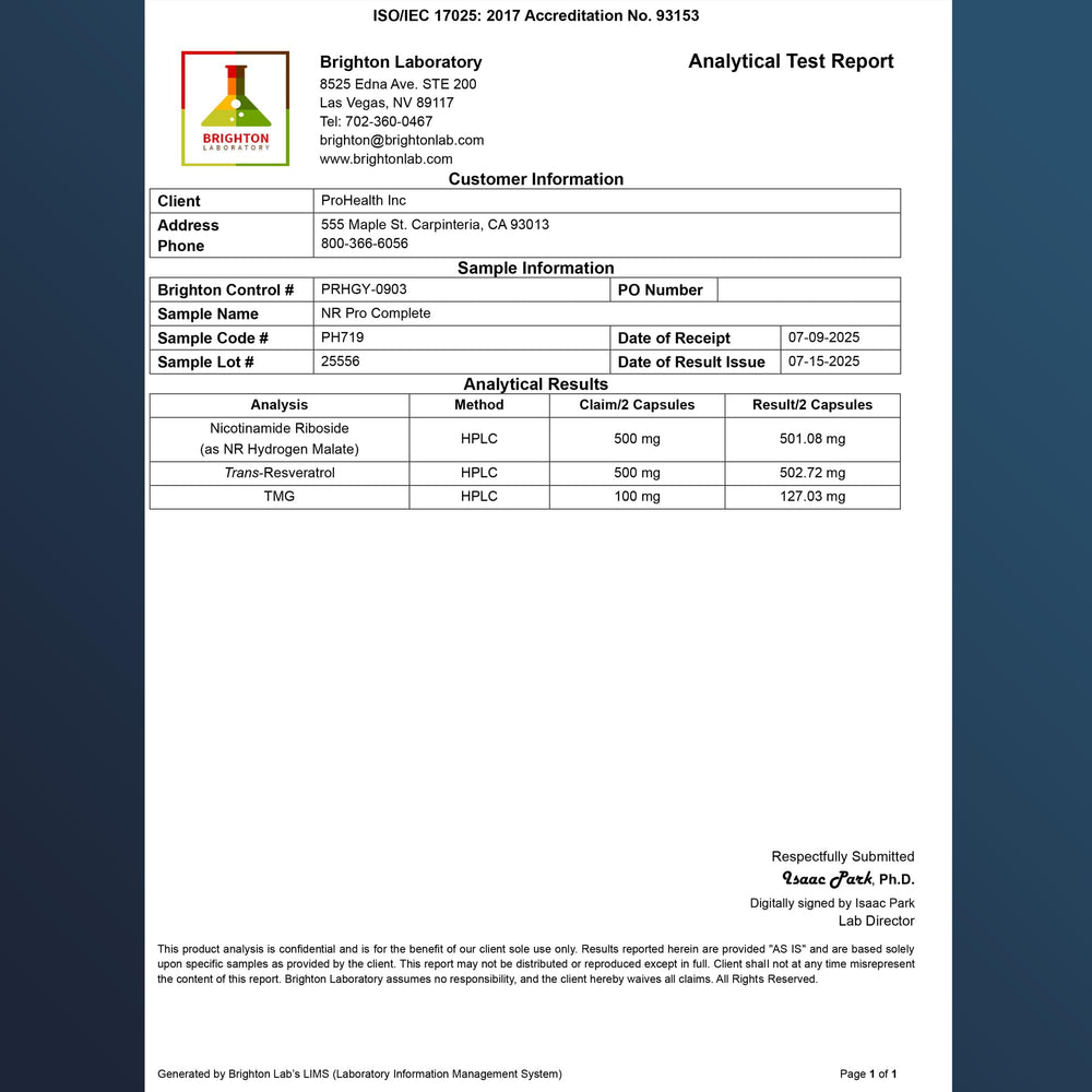 ProHealth bottle with packaging and lab results badge