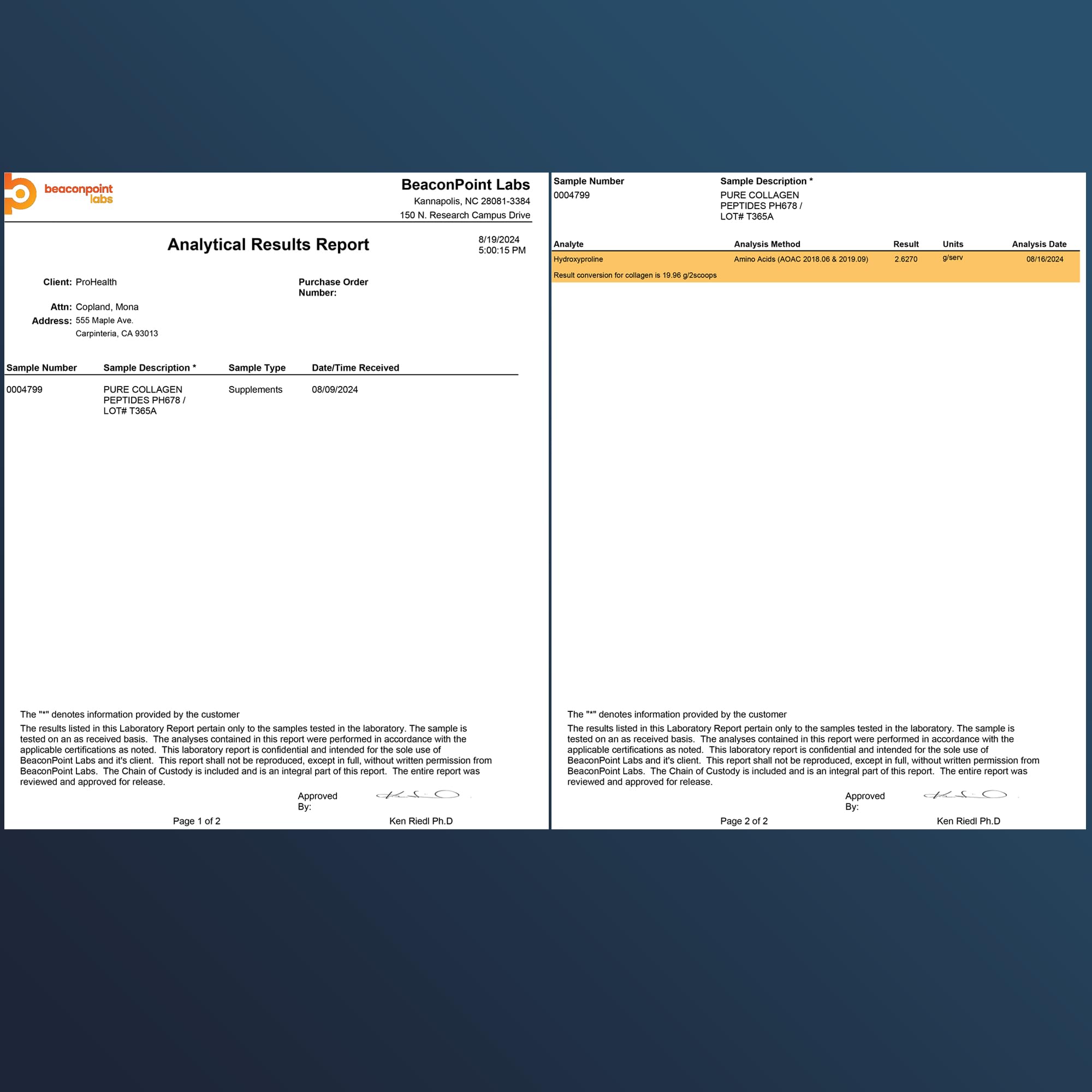Laboratory testing and purity certificates for ProHealth collagen