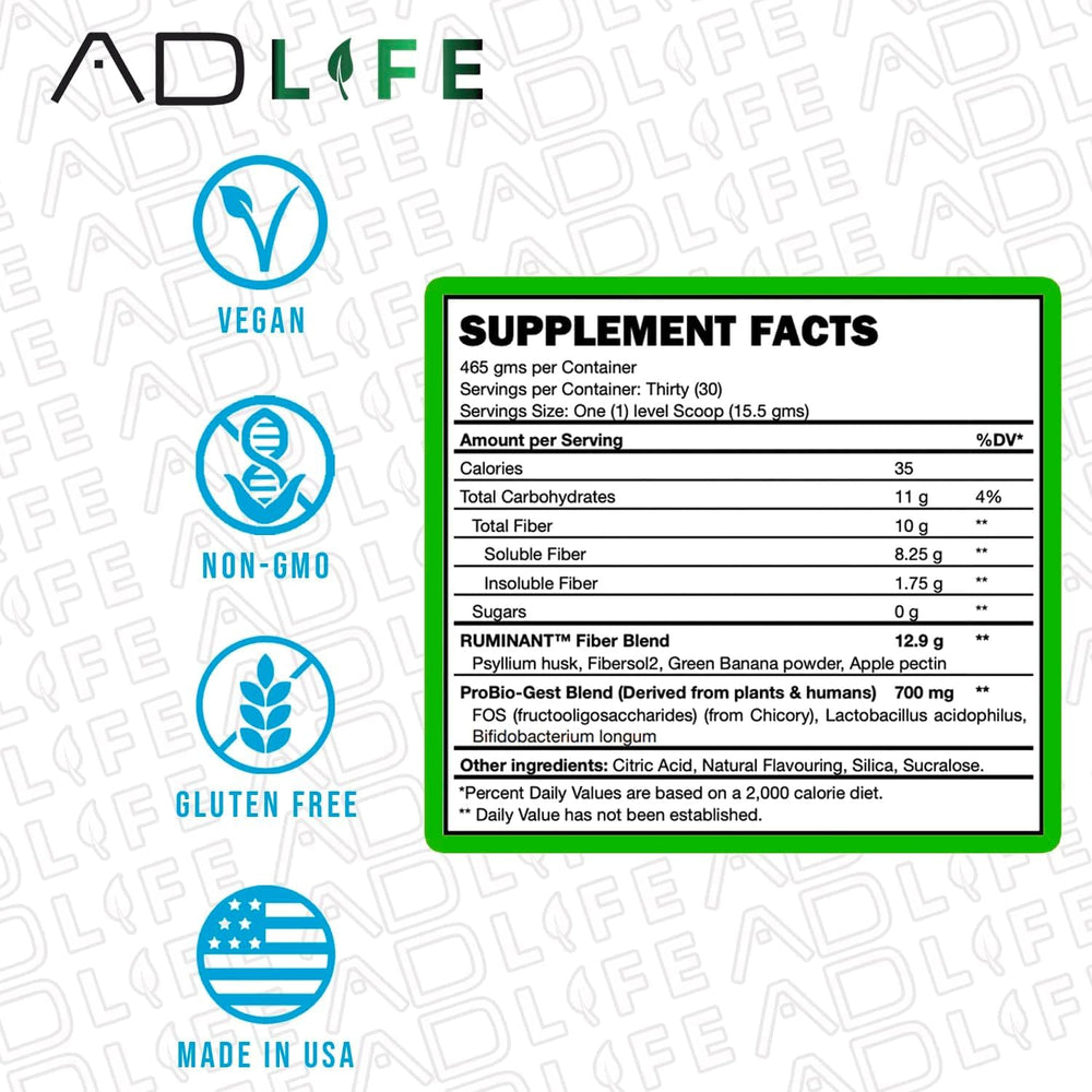 Project AD Fiber+ 12-strains probiotic blend, visual highlighting gut health support.