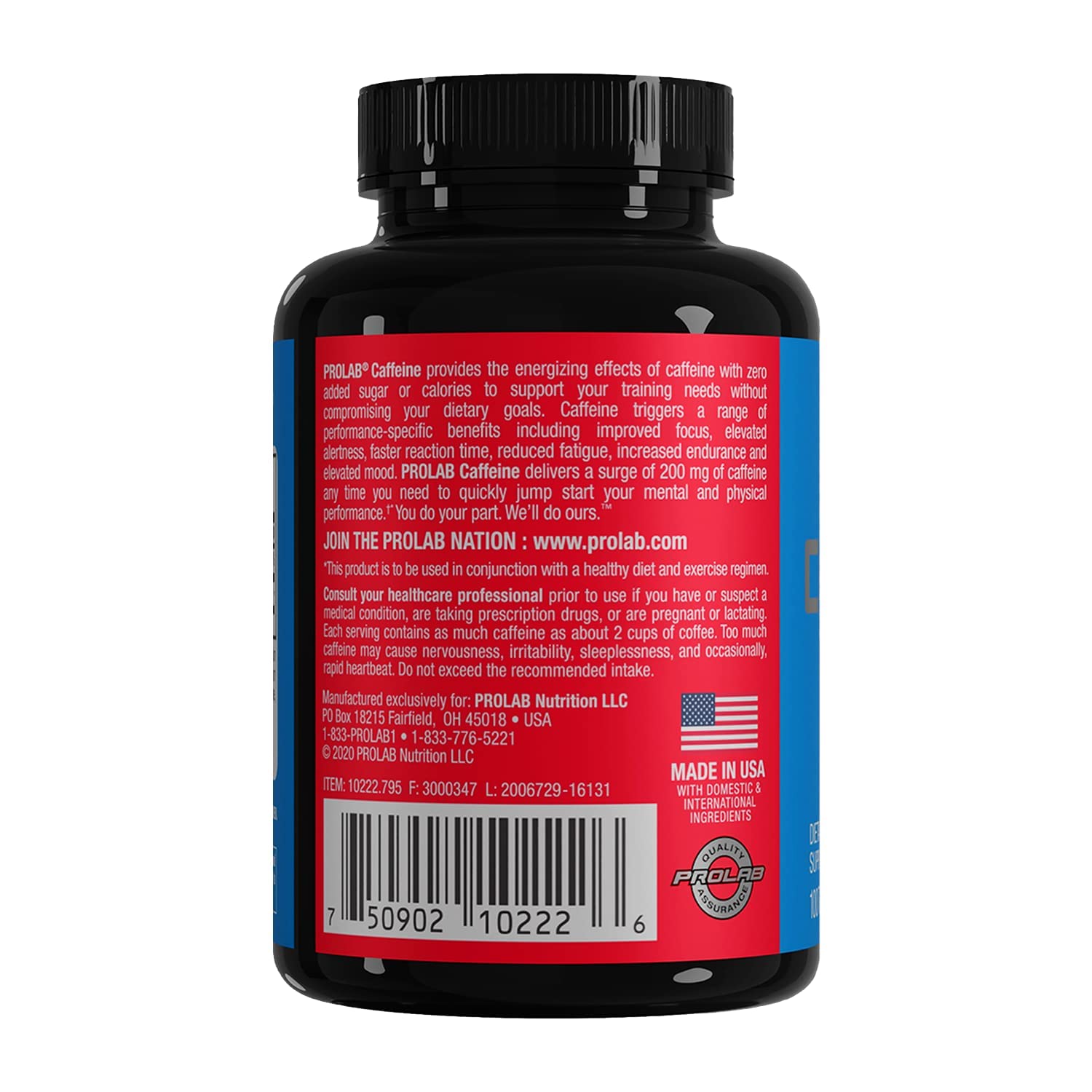 100-count bottle of ProLab Caffeine Tablets on white background