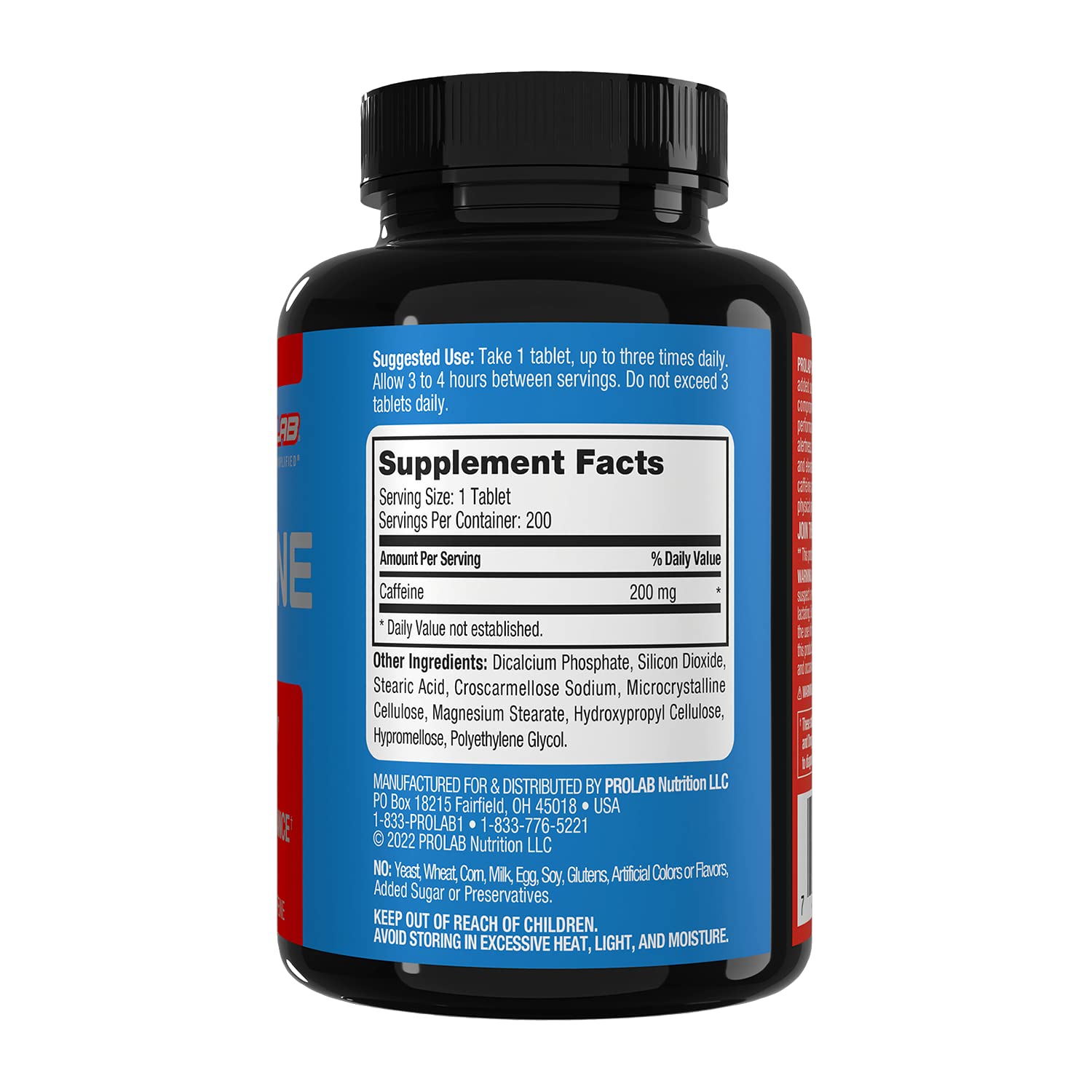 200-count bottle of ProLab Caffeine Tablets for pre-workout use