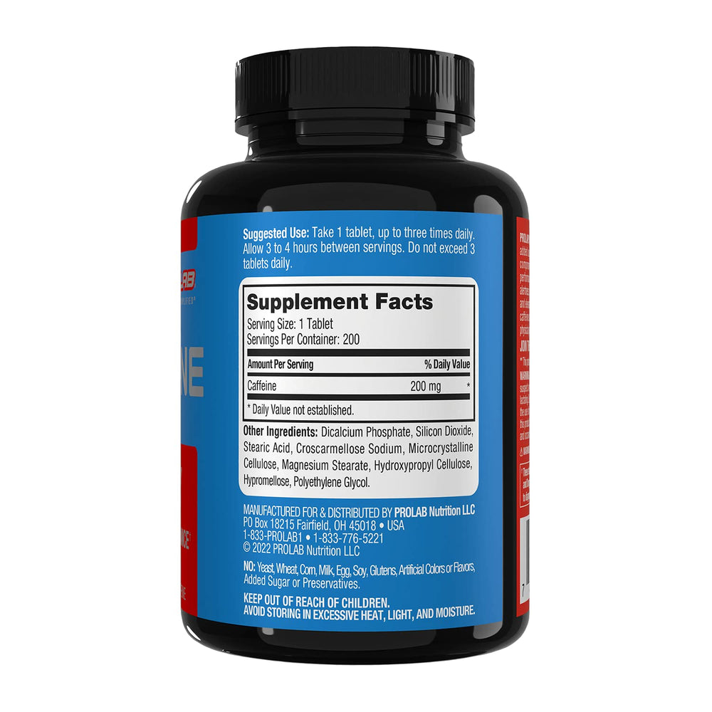 200-count bottle of ProLab Caffeine Tablets for pre-workout use