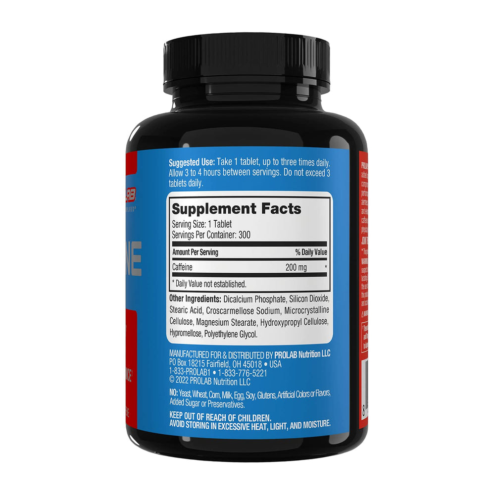 Supplement facts panel for ProLab Caffeine Tablets 200mg
