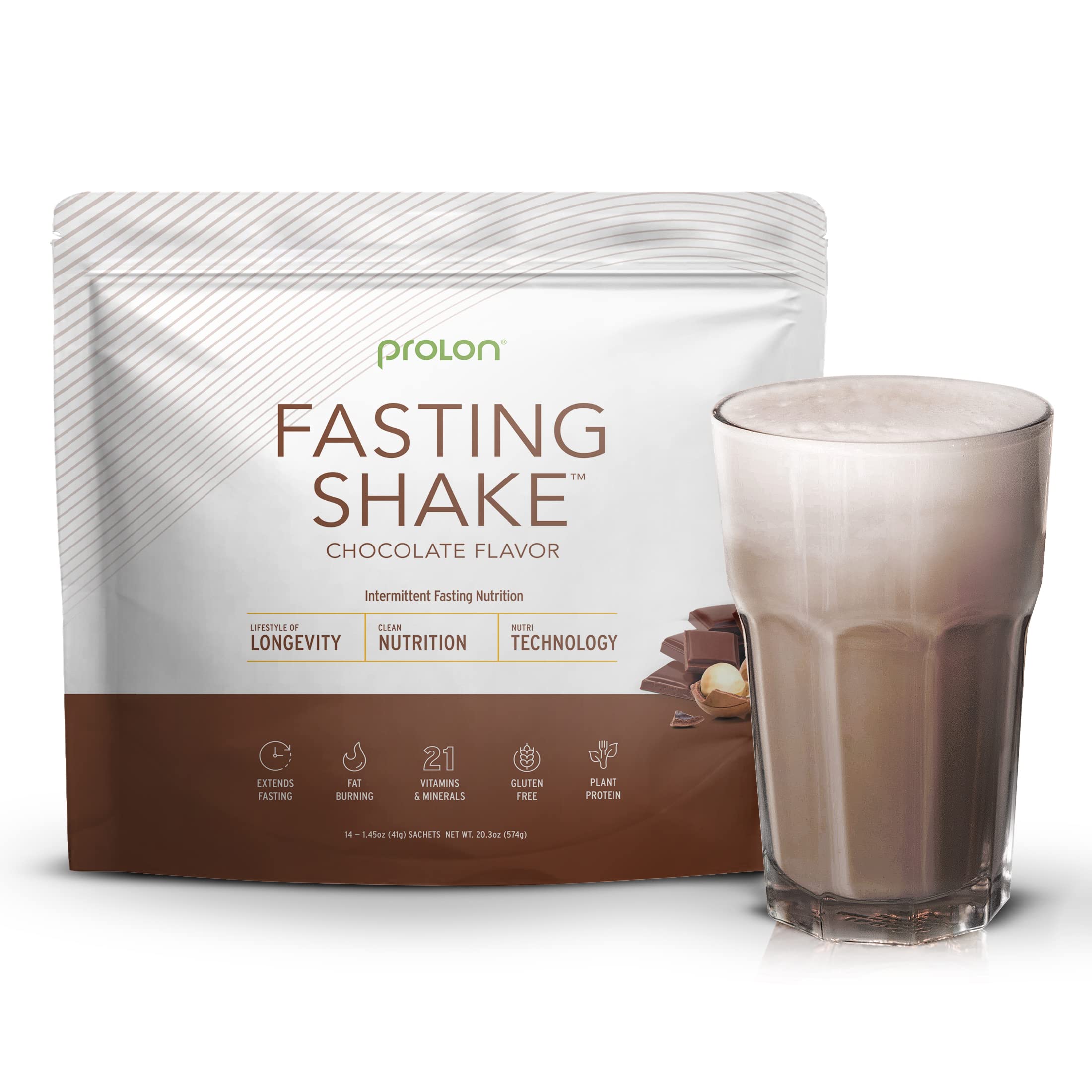 Prolon 24-pack chocolate fasting shakes box highlighting vegan and keto-friendly formula