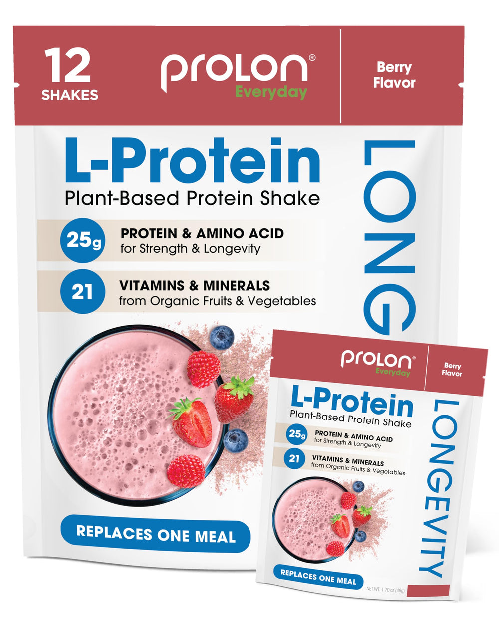 Prolon Longevity Berry protein powder bottle highlights plant-based protein for recovery.