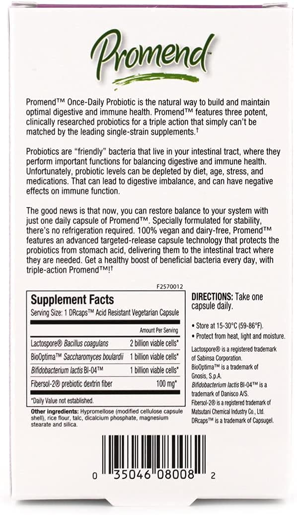 Close-up of Promend probiotic capsule bottle label