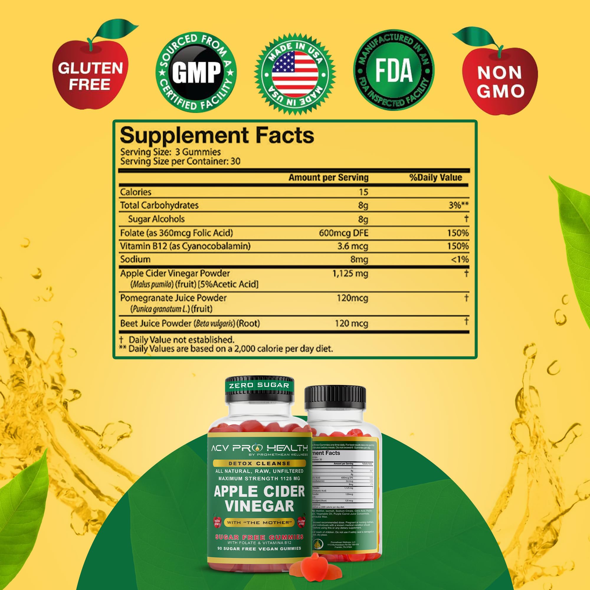 Promethean Wellness ACV Pro Gummies ingredients list highlighting folate and B12.