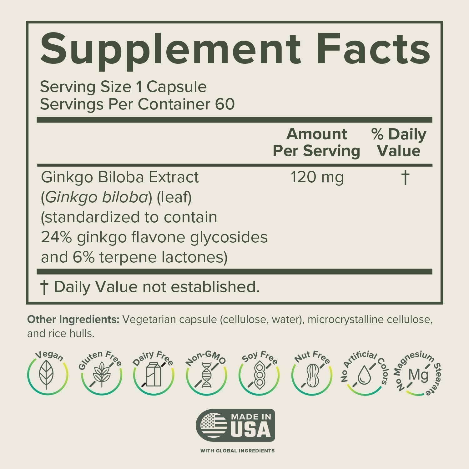 Close-up of Ginkgo Biloba 120mg bottle label