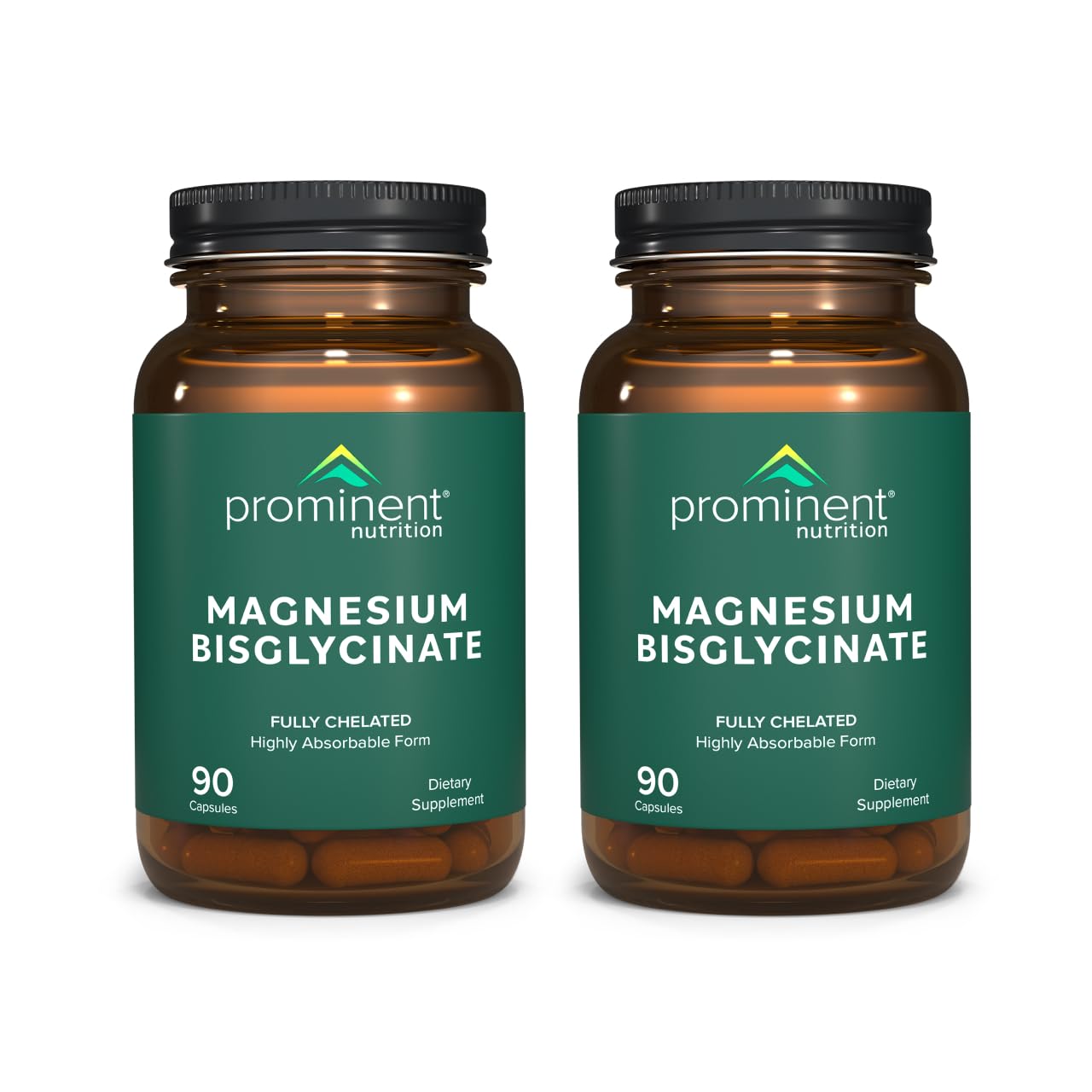 Bottle of Prominent Nutrition magnesium bisglycinate capsules on white background