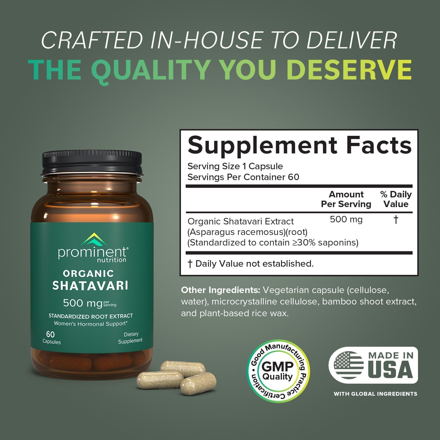 Close-up of Shatavari capsules in bottle – 500 mg each