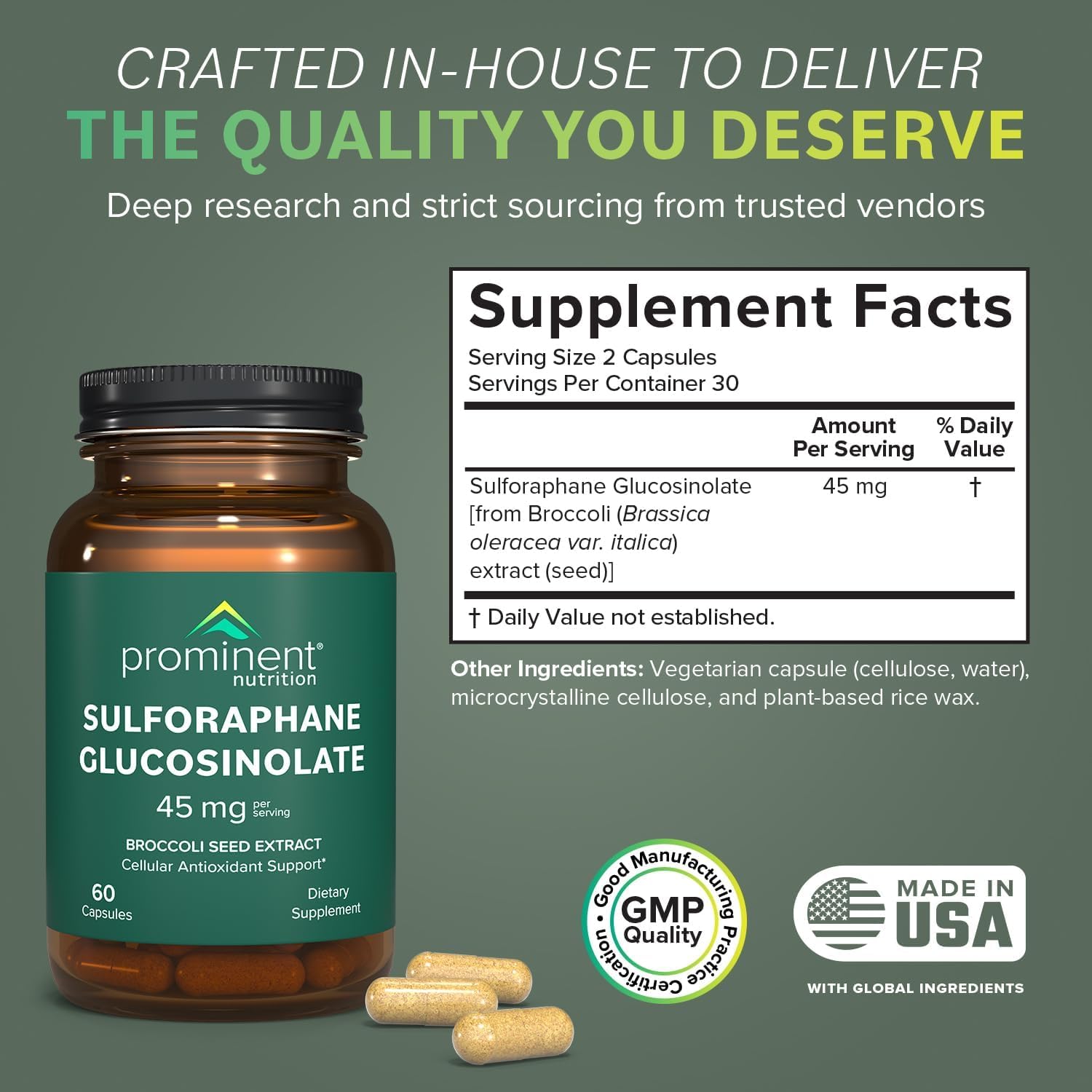 Product label for Prominent Nutrition sulforaphane glucosinolate supplement
