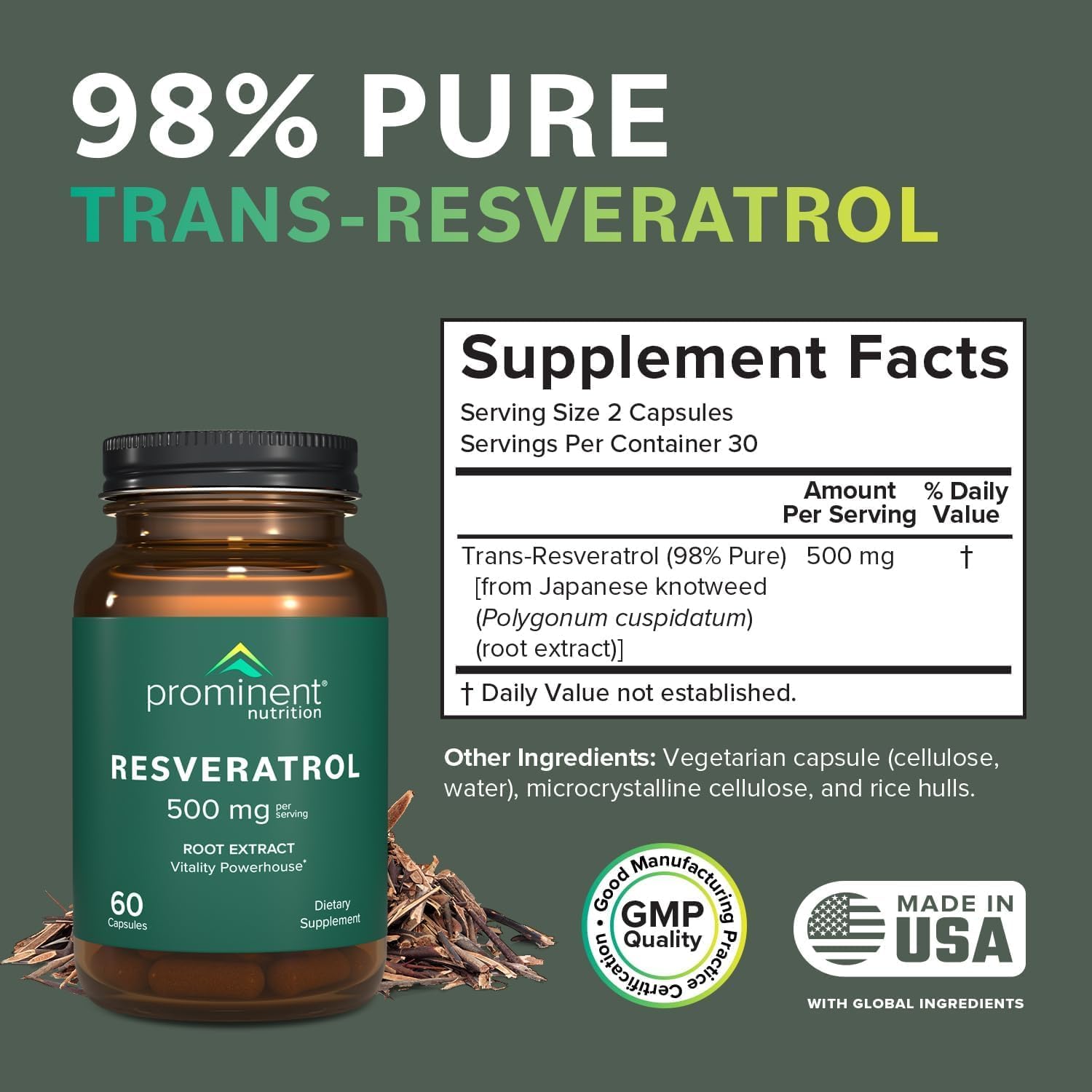 Close-up of Trans-Resveratrol 500 mg capsule bottle