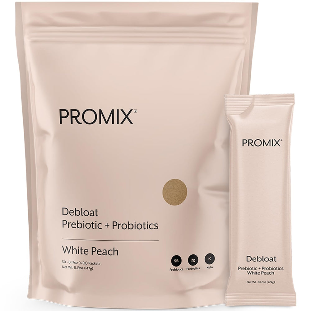 Promix Debloat prebiotics and probiotics bottle with White Peach flavor