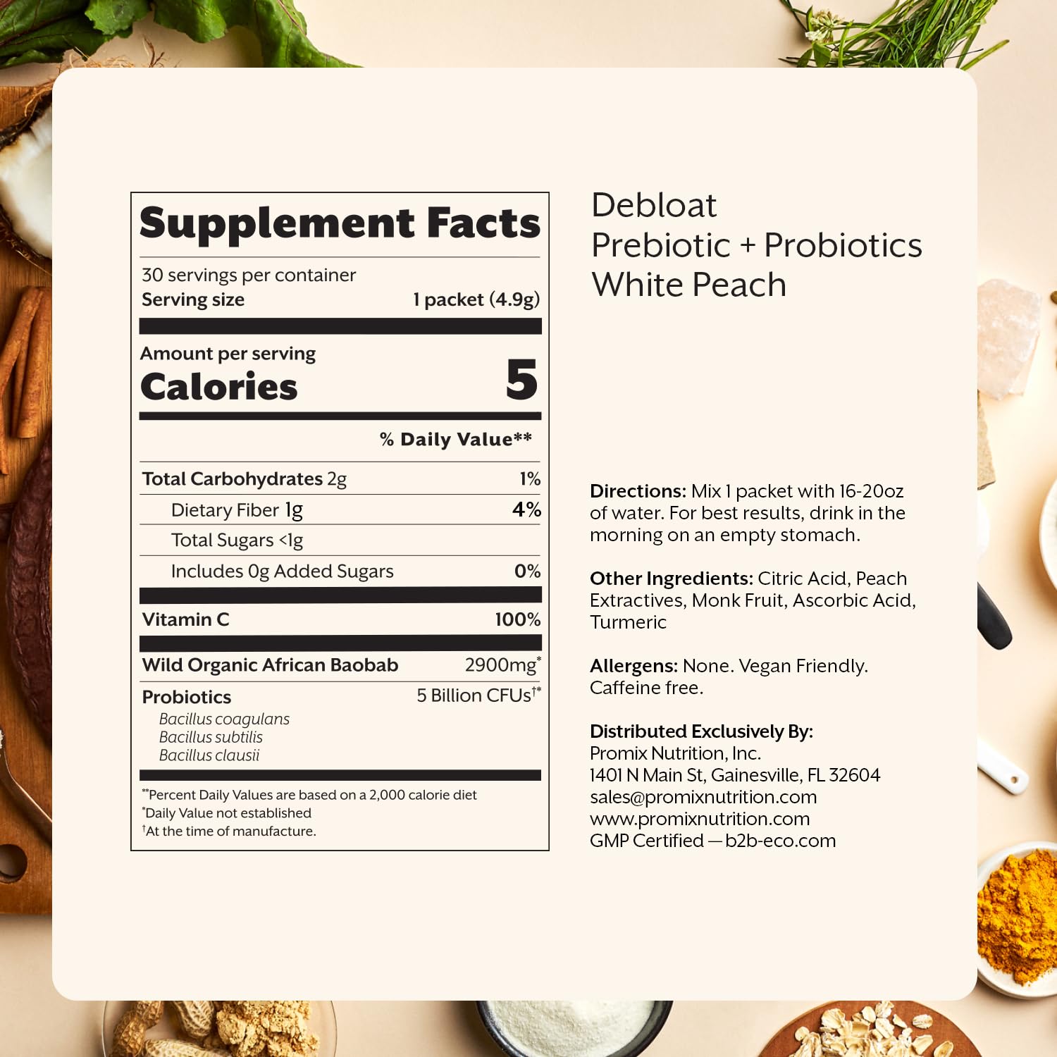 Close-up of Debloat product label highlighting gluten-free and non-GMO claims