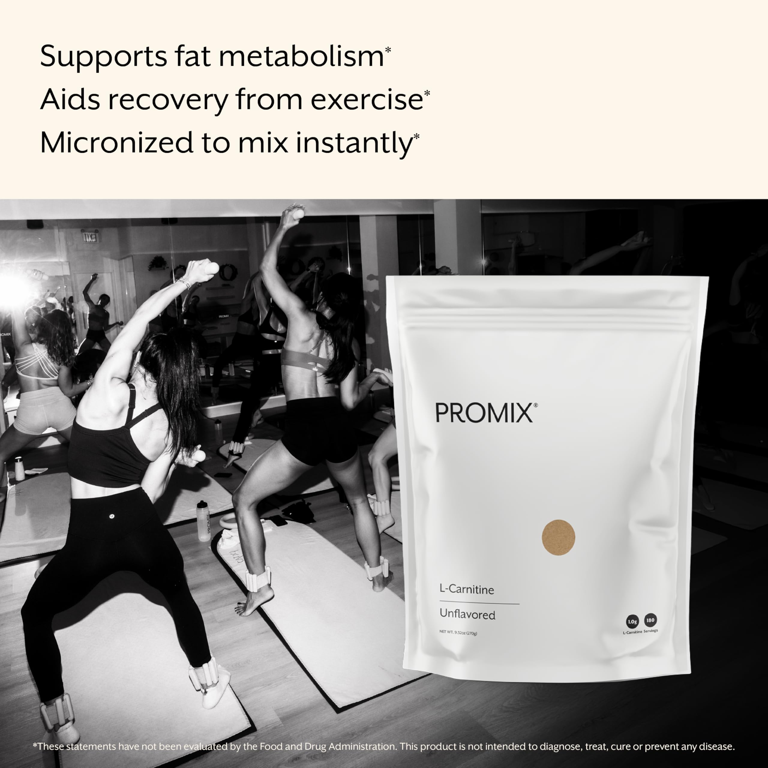 ProMix L-Carnitine powder ingredients label highlights pure L-Carnitine with no sugars