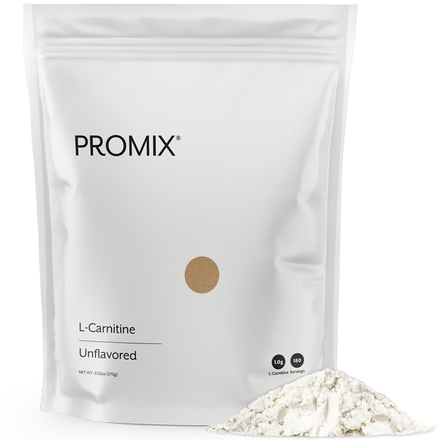ProMix L-Carnitine powder unflavored bottle pour shows sugar-free formula for workouts