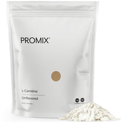 ProMix L-Carnitine powder unflavored bottle pour shows sugar-free formula for workouts