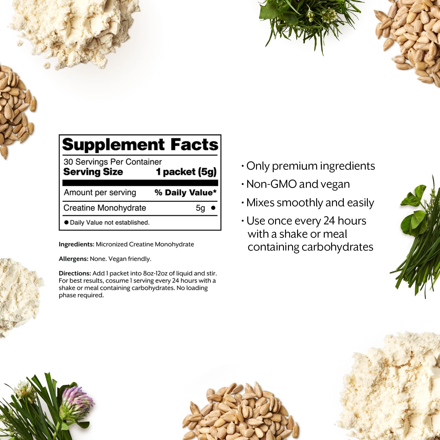 Close-up of ProMix Creatine Monohydrate Travel Packs label showing 5 g per serving.