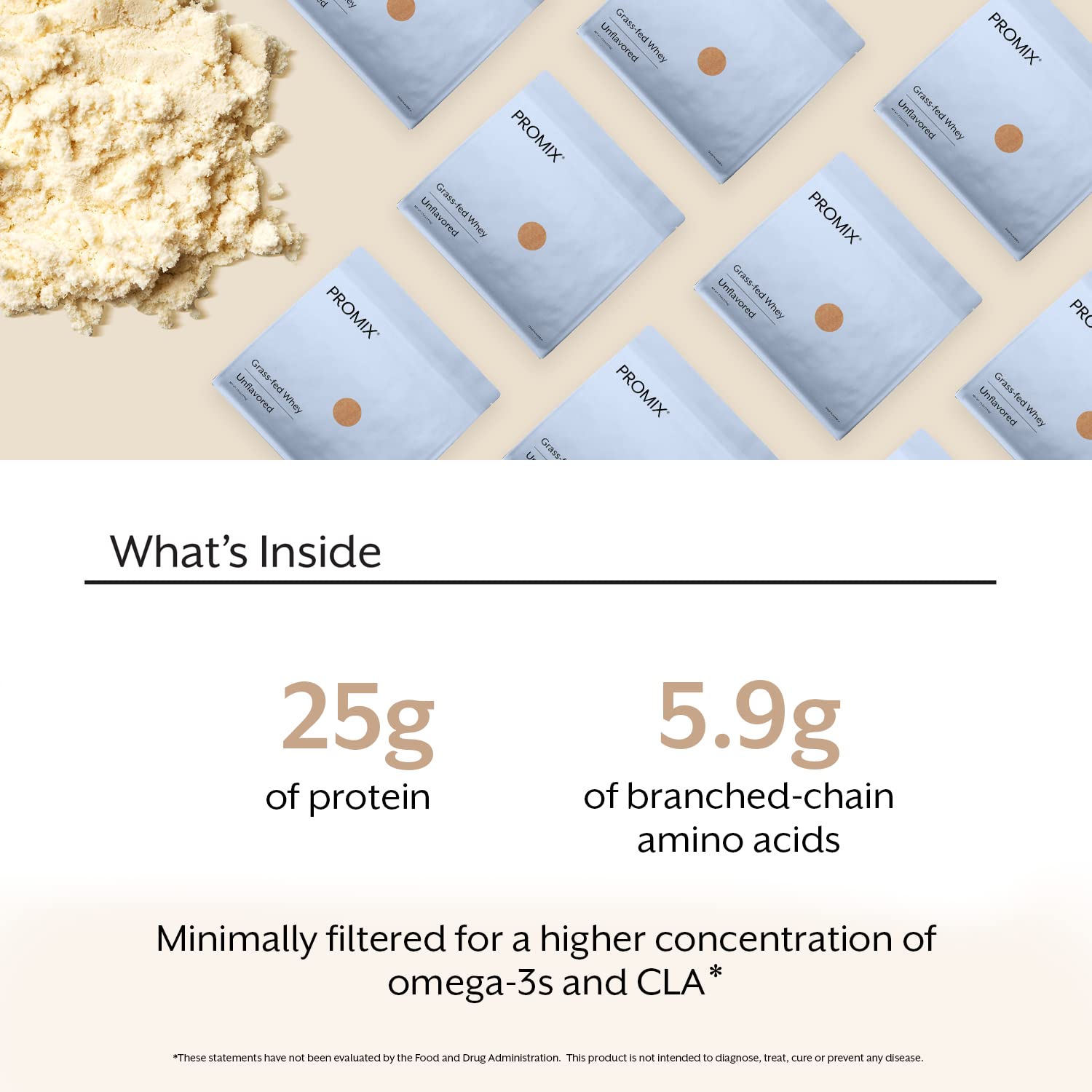 Nutrition facts showing 25 g protein and 5.9 g BCAAs per serving