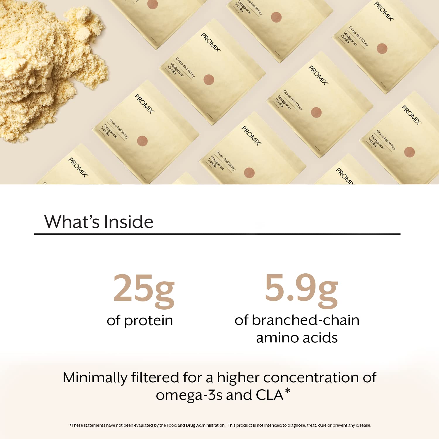 Promix whey protein ingredients: grass-fed whey, sunflower lecithin, Madagascar vanilla.