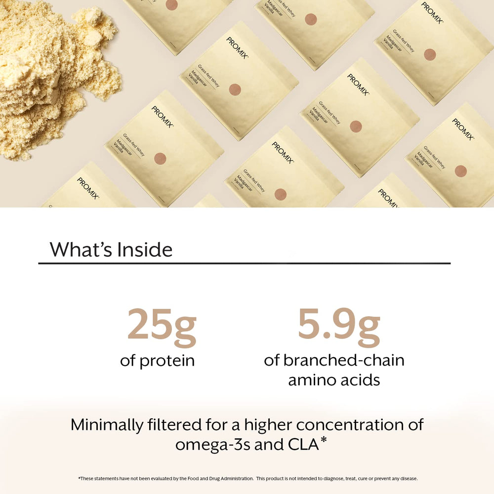 Promix whey protein ingredients: grass-fed whey, sunflower lecithin, Madagascar vanilla.