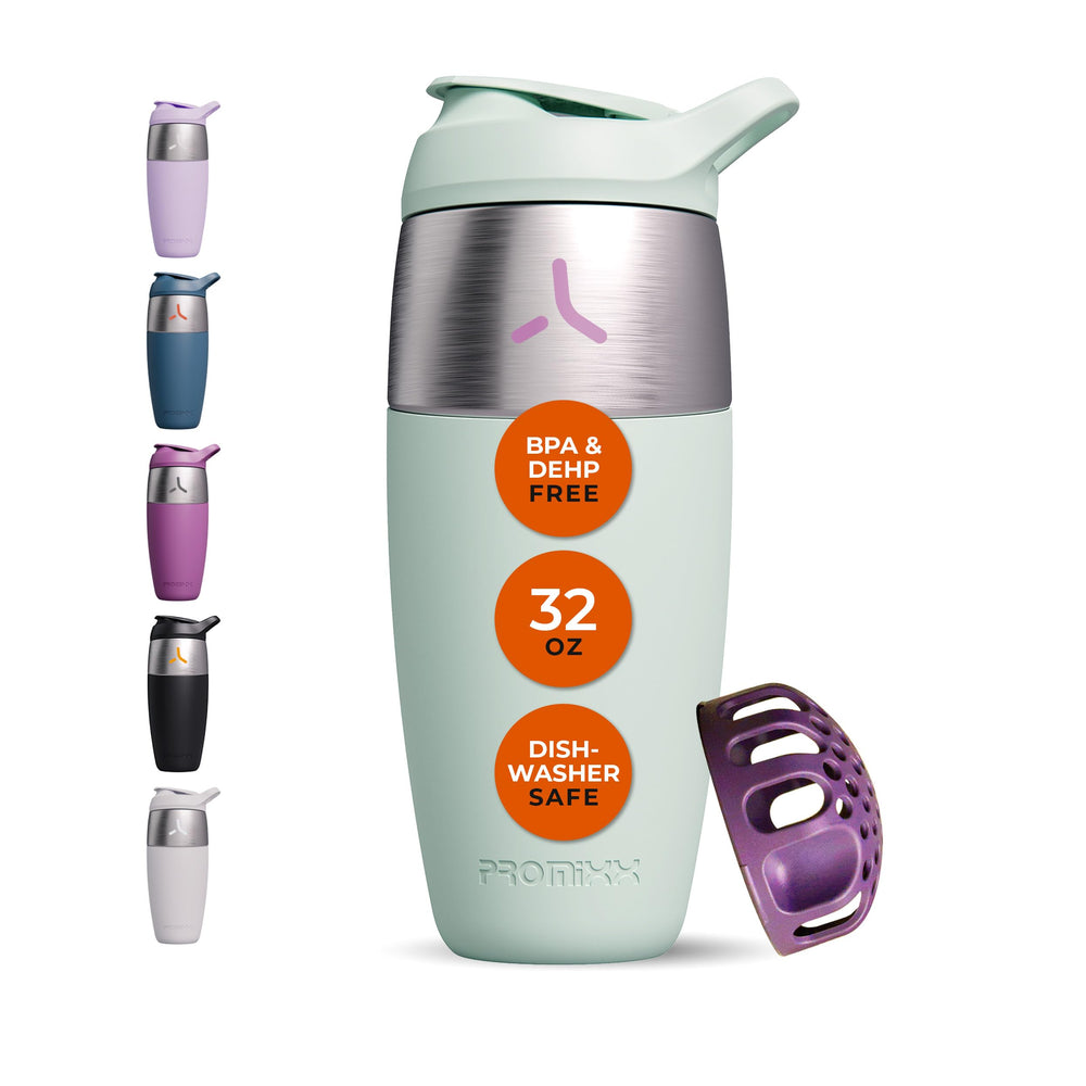 Promixx 32oz shaker cap-seal demonstrates leak-proof reliability for gym bags and road trips.