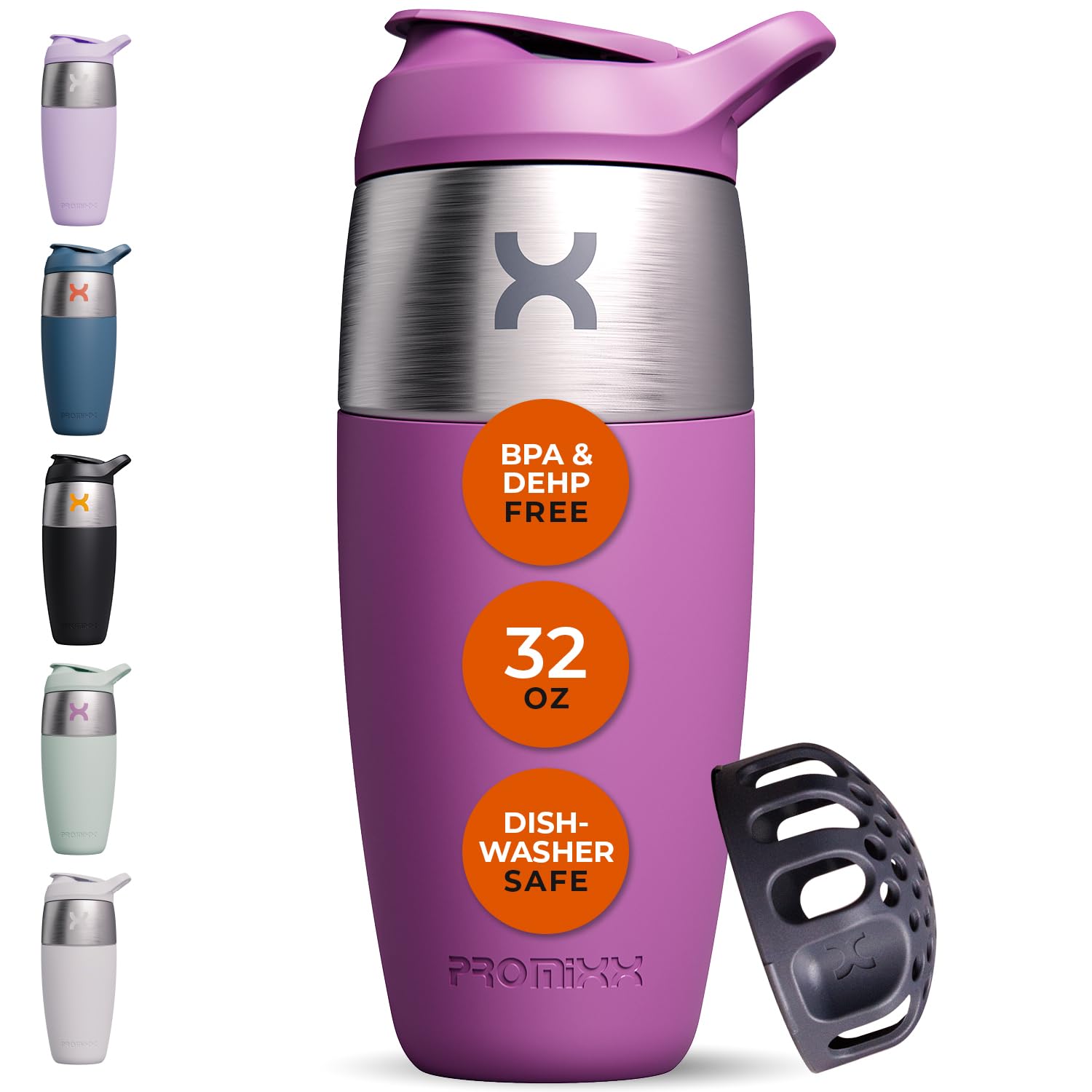 Promixx 32oz stainless steel shaker bottle front view for protein shakes