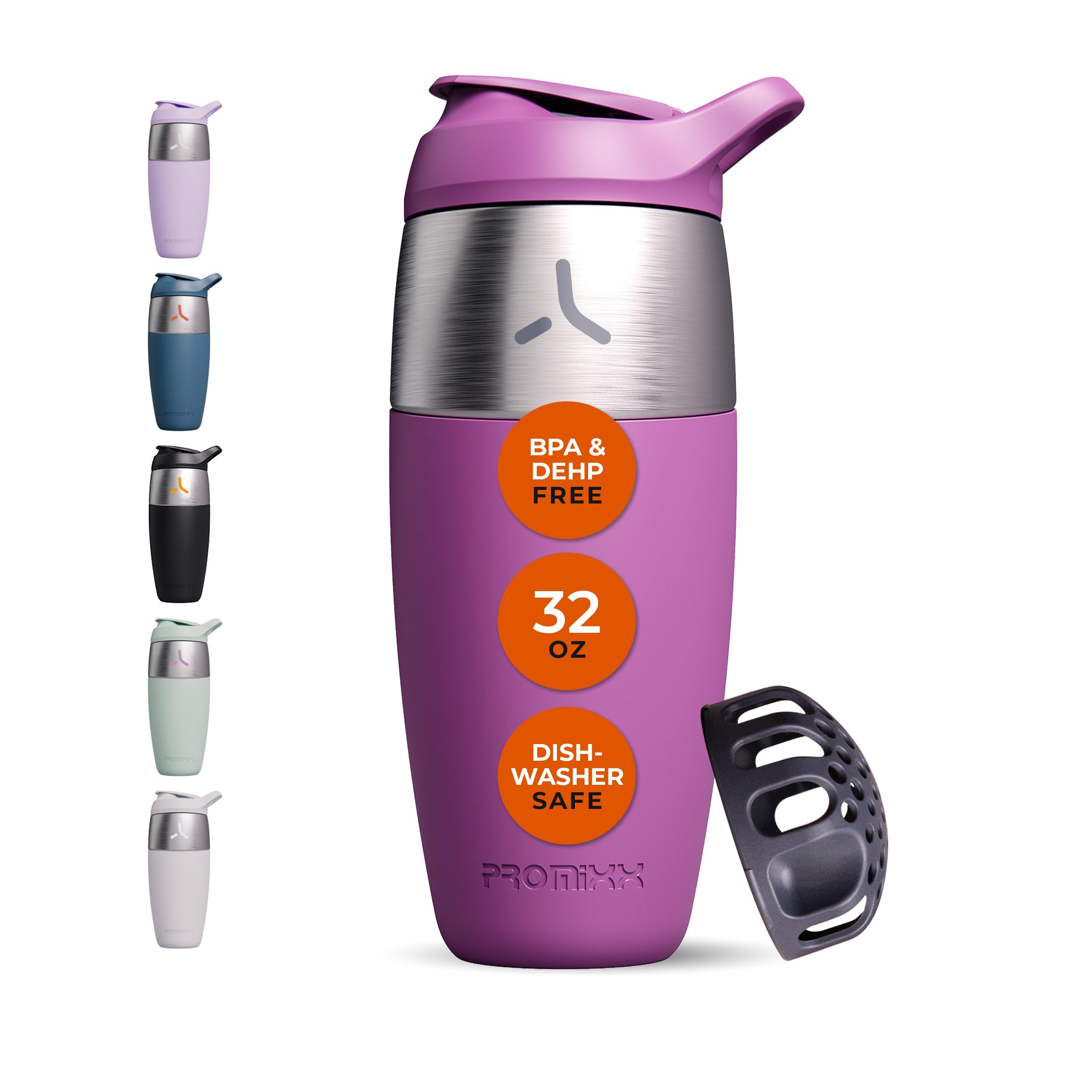 Promixx 32oz stainless steel shaker bottle front view for protein shakes