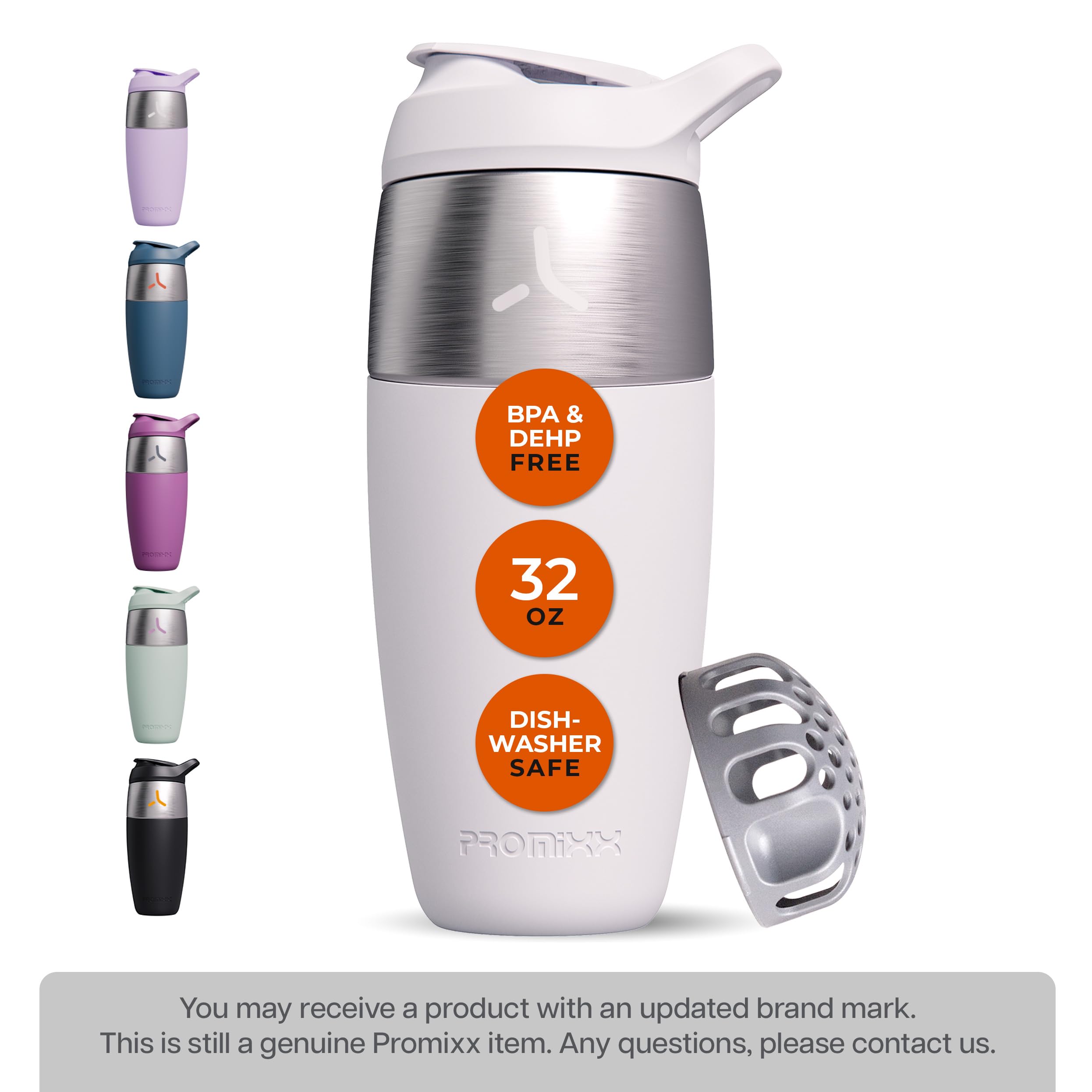 Promixx 32oz shaker snap-cap spout keeps drinks sealed during travel and workouts.