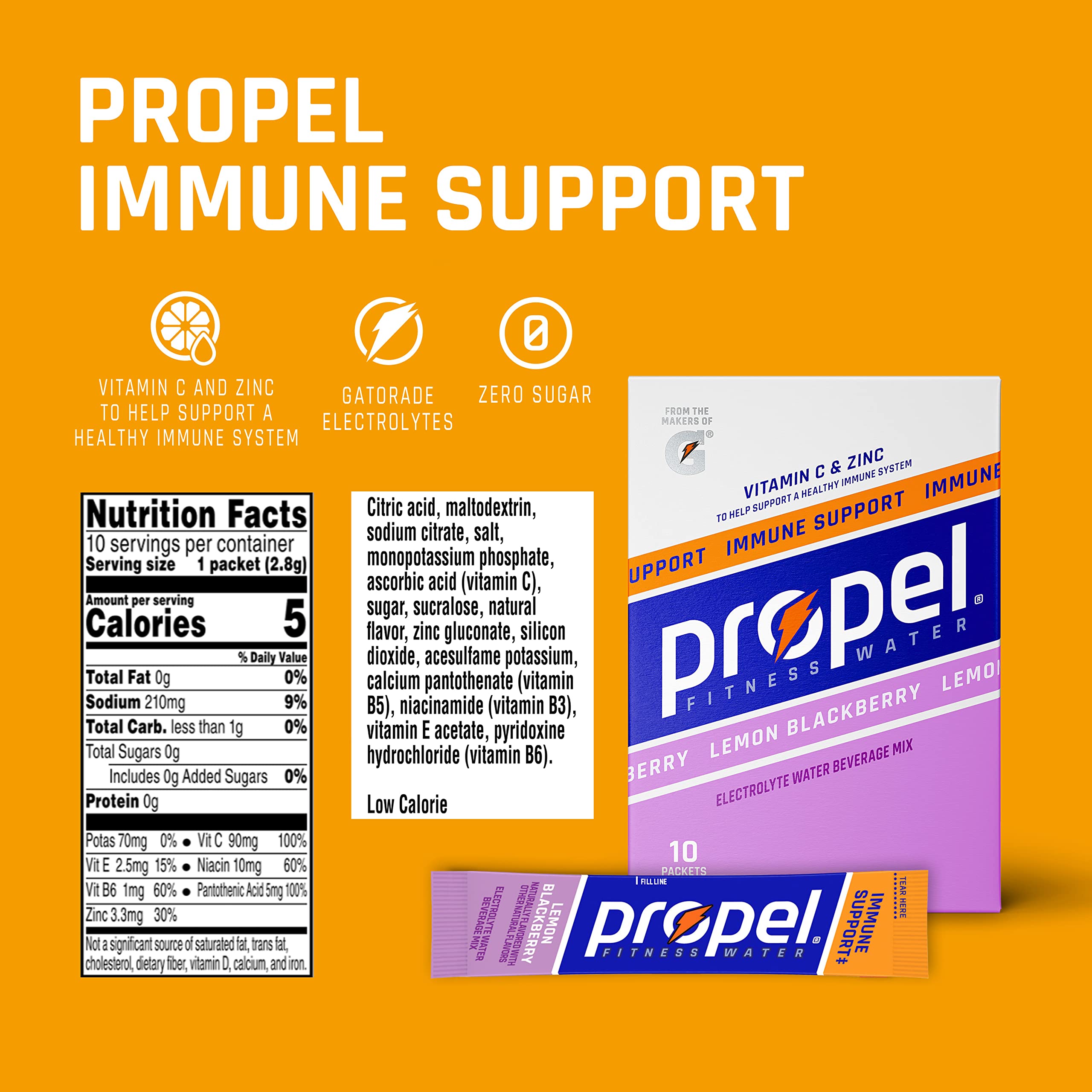 Front view of Propel Immune Support Powder Lemon Blackberry bottle on countertop