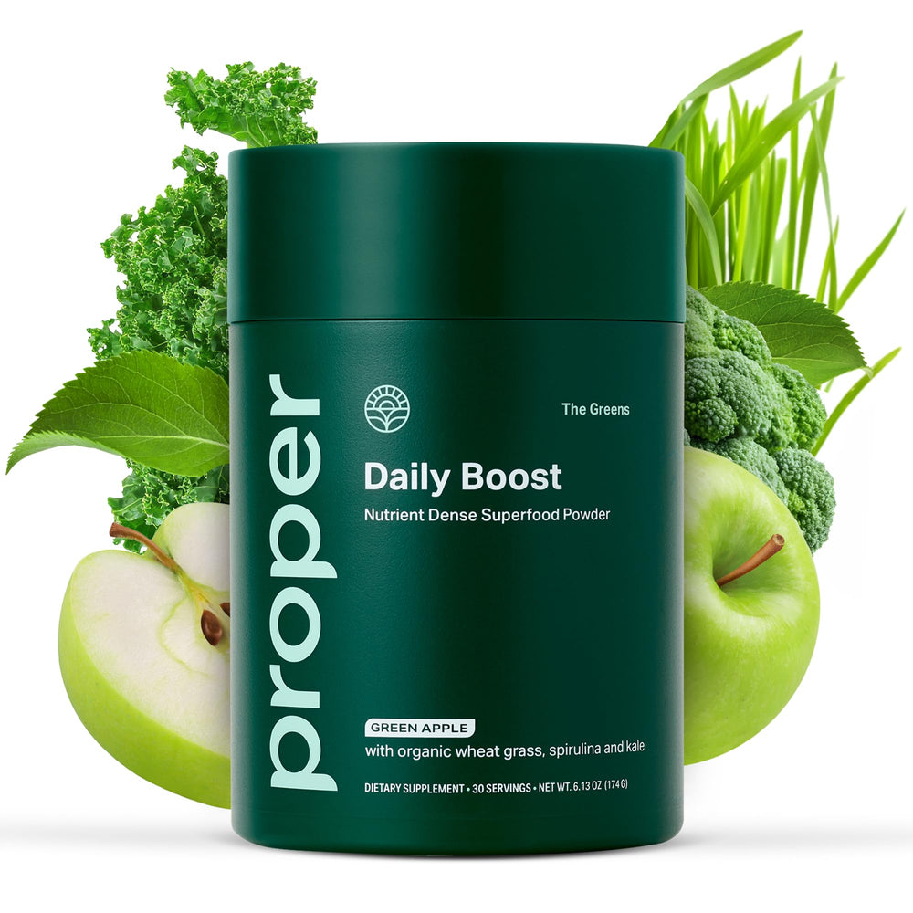 Proper front packaging showing the greens powder and servings benefit