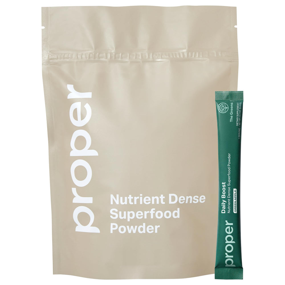 Proper front packaging showing apple-flavored greens and servings benefit
