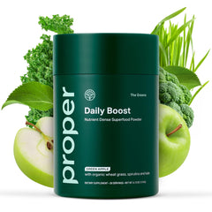 Proper front packaging showing the greens powder and servings benefit