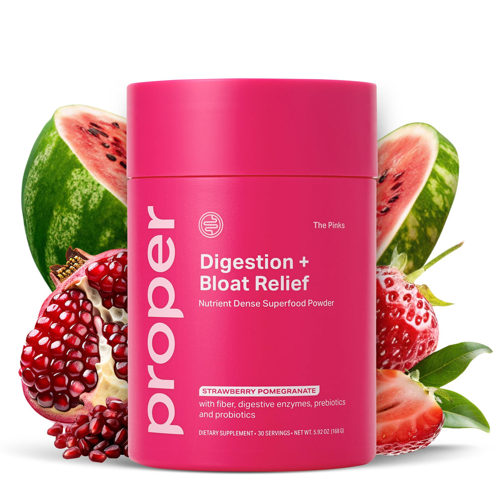 Proper The Pinks Digestion & Bloat Relief powder with strawberry pomegranate flavor and scoop
