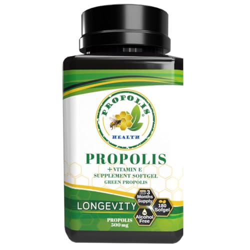Close-up of Propolis Health capsules next to vitamin E
