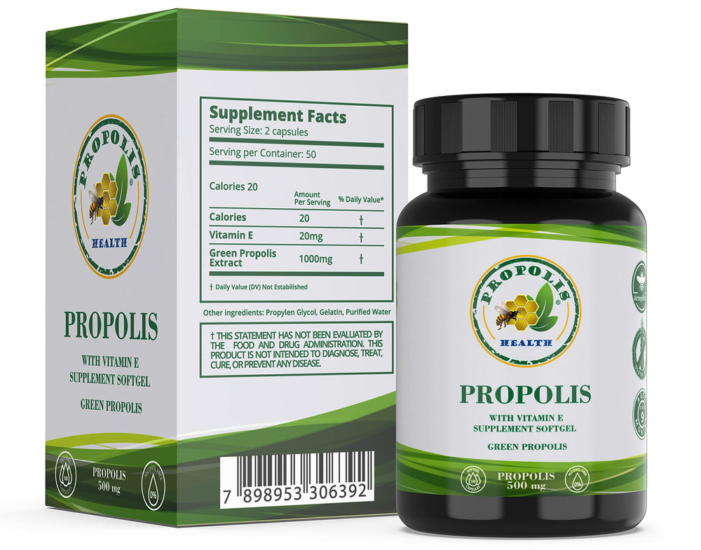 Close-up of Propolis Health capsules on white background