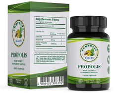 Close-up of Propolis Health capsules on white background
