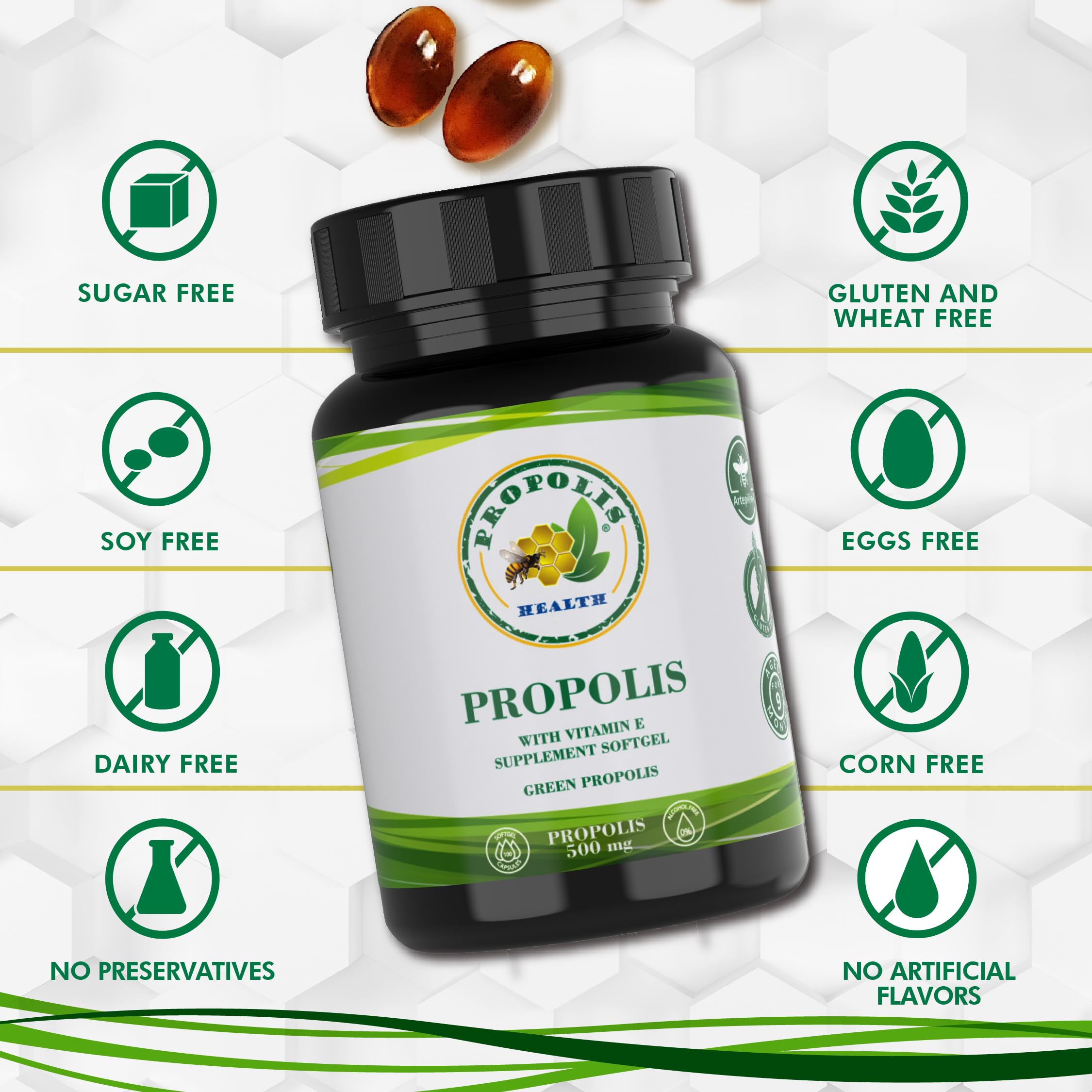 Softgel capsules labeled Propolis Health