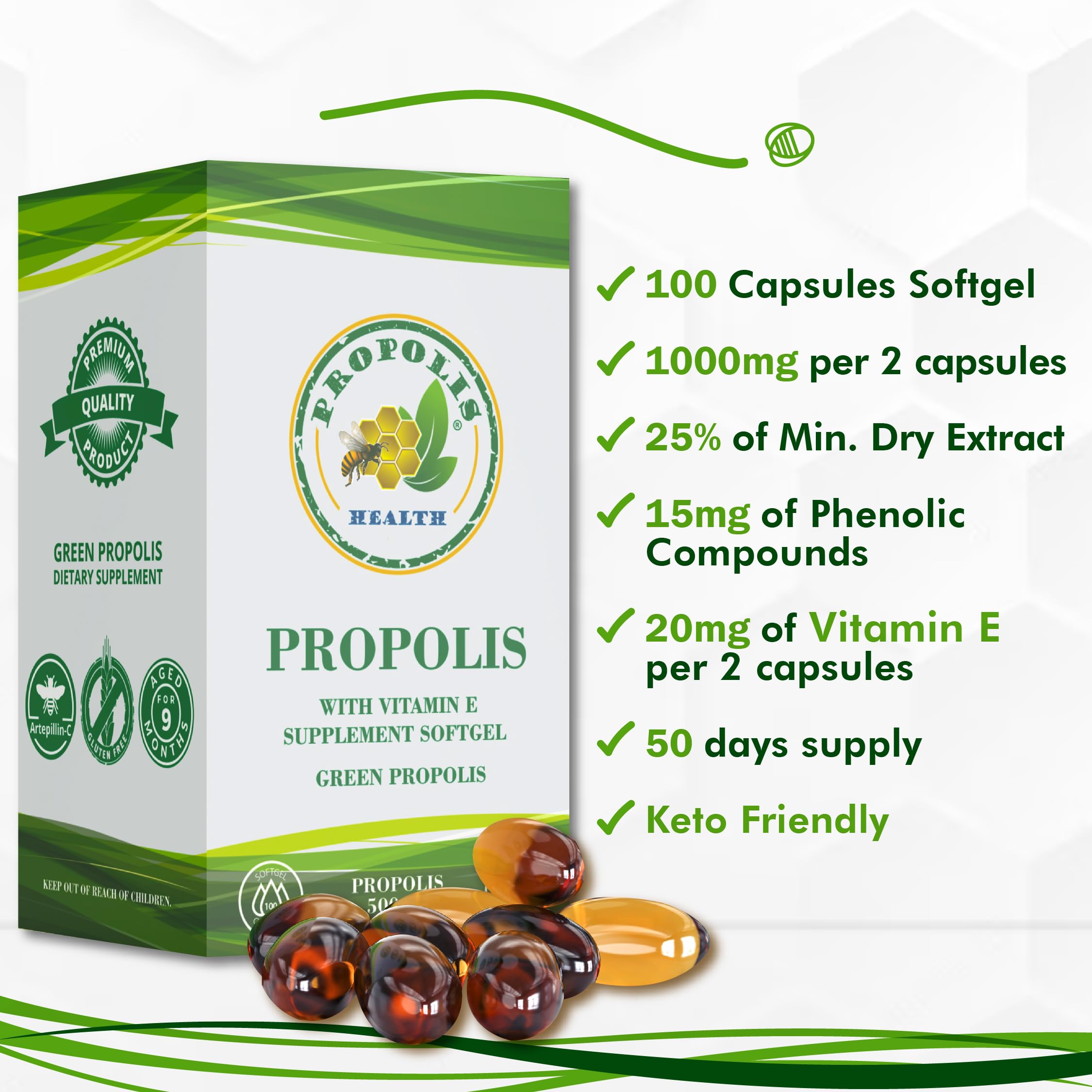 Vitamin E capsules beside propolis capsules