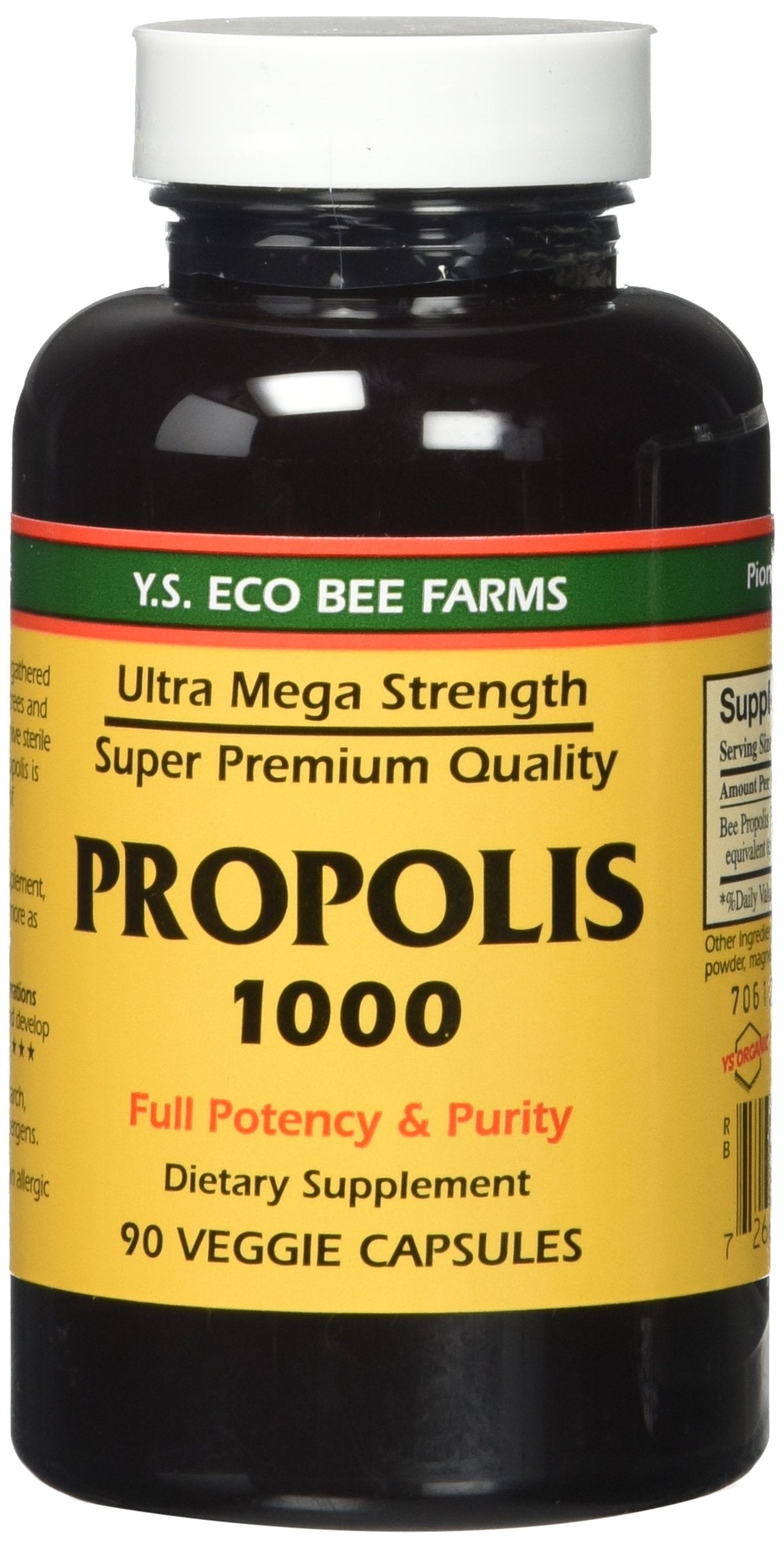 Propolis-Raw Unprocessed 1000mg bottle by Y.S. Organic Bee Farms 90 capsules - front view